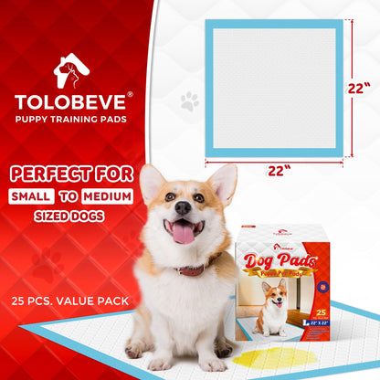Tolobeve Puppy Pads Training Pads, Large, 22 in x 22 in, 25 Count Disposable Dog Pee Pet Pads