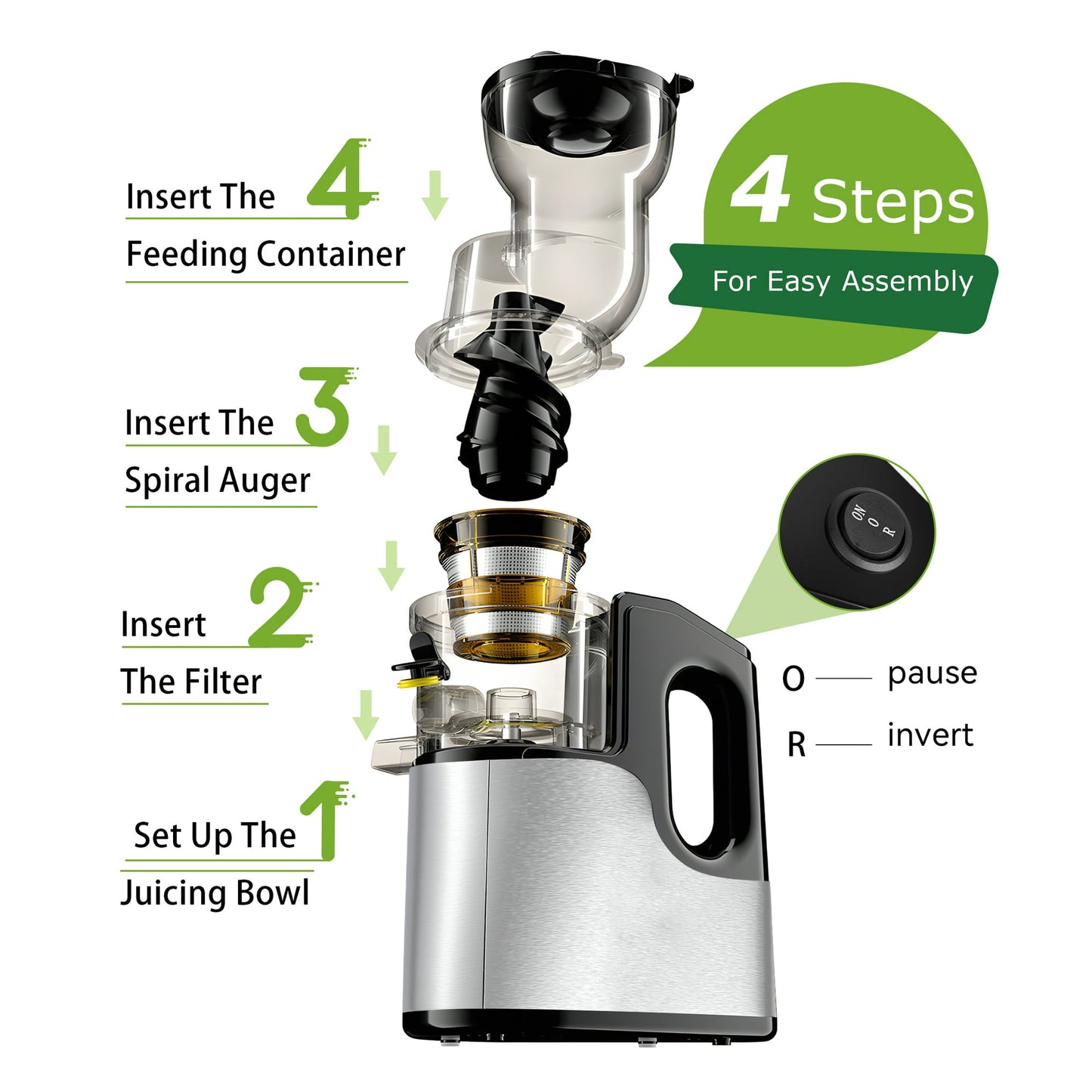 Casualife Cold Press Juicer, 800W Masticating Juicer with 5.4" Wide Feed Chute, High Juice Yield, Easy to Clean, Black