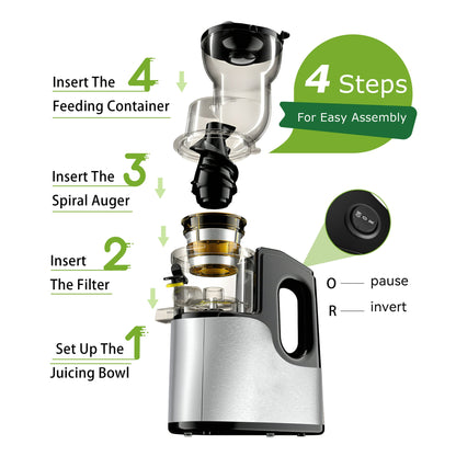 Casualife Cold Press Juicer, 800W Masticating Juicer with 5.4" Wide Feed Chute, High Juice Yield, Easy to Clean, Black