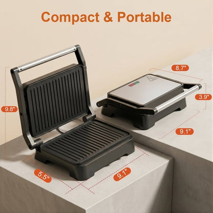 Casualife Electric Panini Press Grill, 180° Opening Non-Stick Sandwich Maker, 2-Slice Grill Press for Burgers, Steaks, Bacon, Breakfast Sandwiches