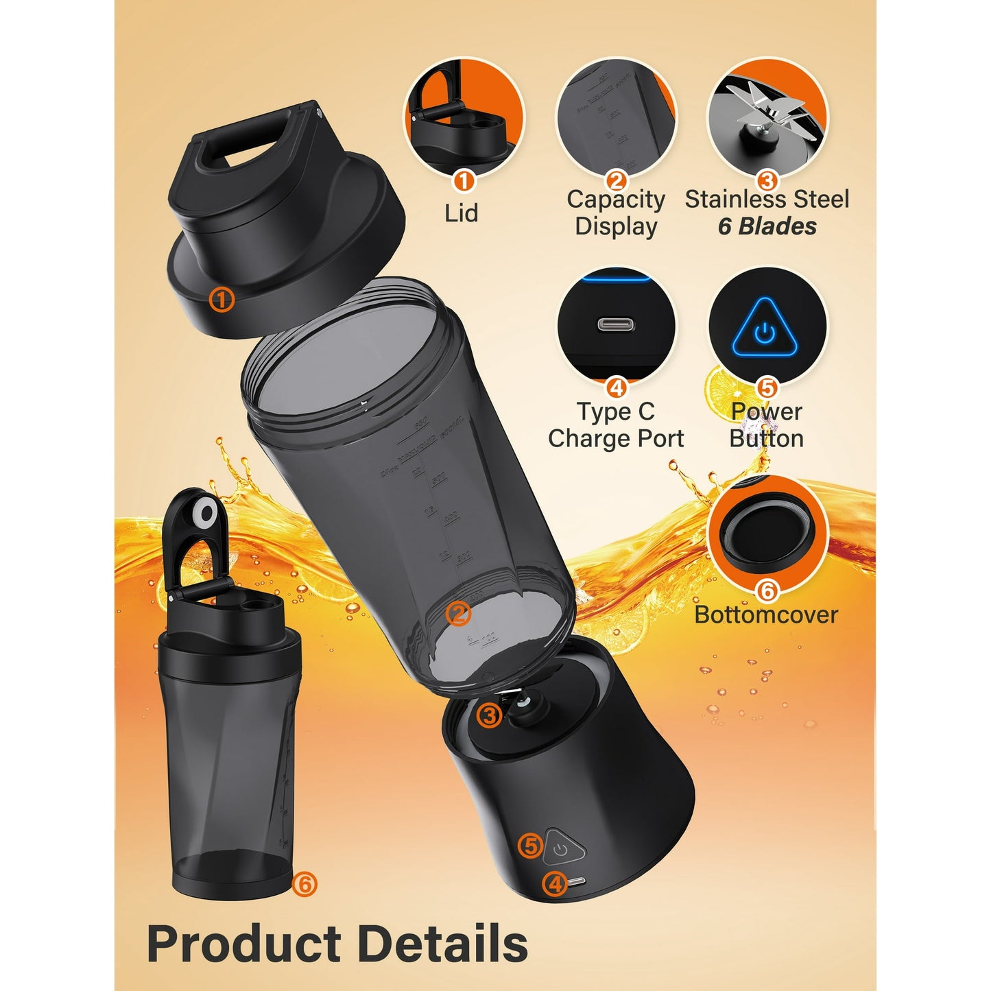 Suodoka Fit Compact Personal Blender, 24 Oz Portable Blender for Smoothies, Shakes, Cordless Powerful Blending, with Leakproof-Lid