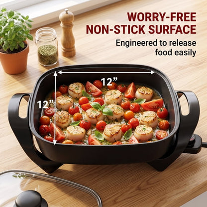Casualife 5L Electric Hot Pot, Multi-Functional Non-Stick Electric Skillet with Vented Glass Lid, 5.3 Qt Family Size Cooker for Frying, Simmering & Boiling, Black