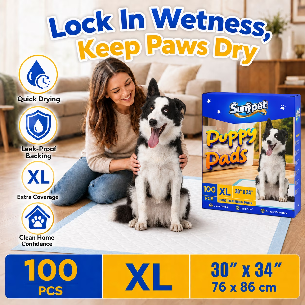 Sunypet Puppy Pads Disposable Dog Potty Training Pads, Quick Dry, Ultra Absorbent, XL 30"x34", 100ct