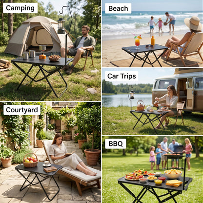 OHHANI Portable Folding Camping Table with Lantern Stand, Lightweight Tactical Aluminum Picnic Table with Storage Bag, Black
