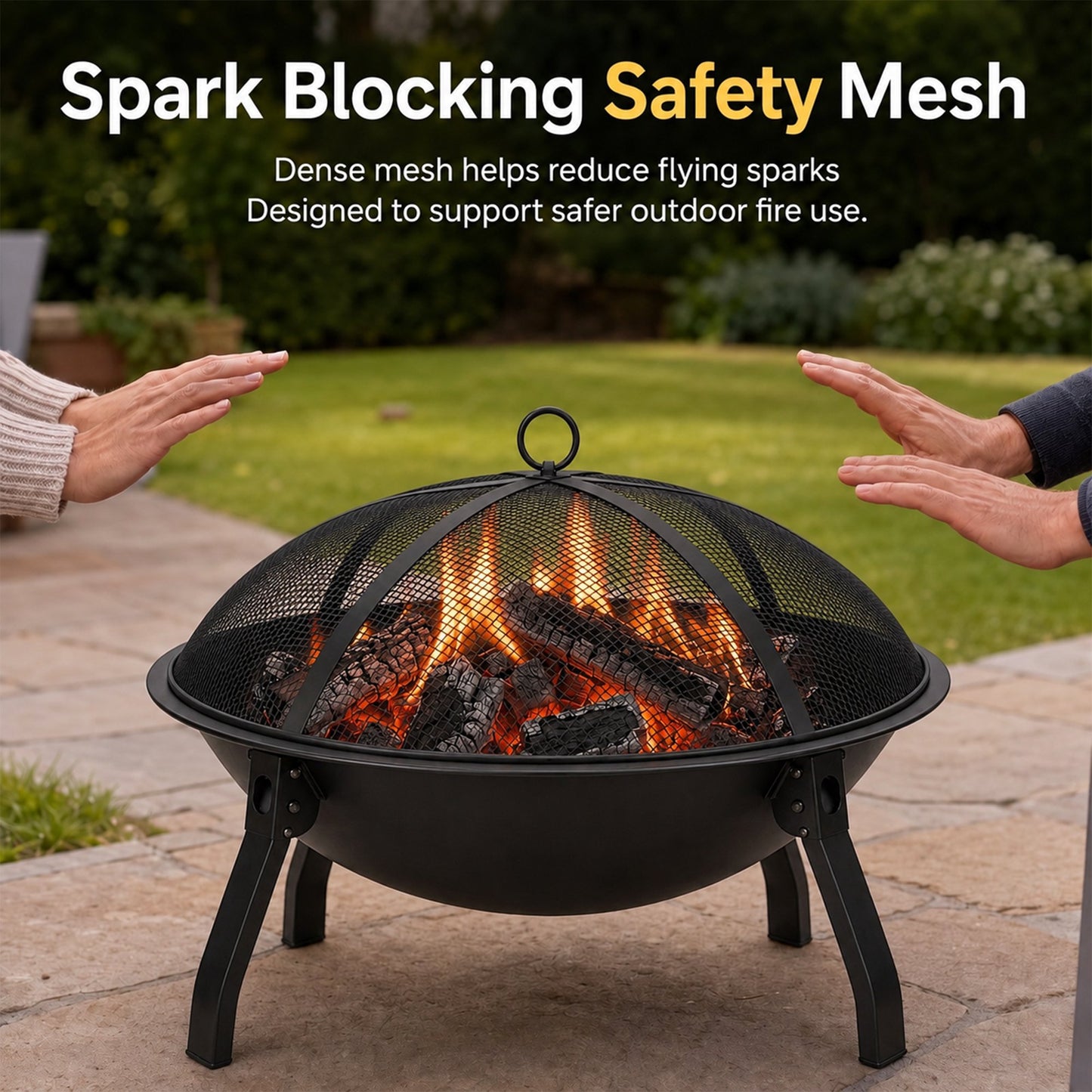 OHHANI Portable Outdoor Fire Pit, Heavy Duty Steel Wood Burning Fireplace with Spark Screen, Grill Grate & Poker, Black