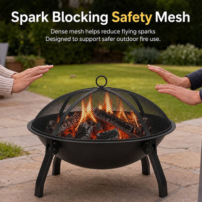 OHHANI Portable Outdoor Fire Pit, Heavy Duty Steel Wood Burning Fireplace with Spark Screen, Grill Grate & Poker, Black