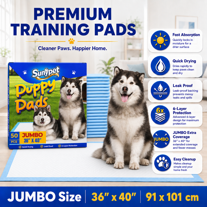 Sunypet Puppy Pads Disposable Dog Potty Training Pads, Quick Dry, Ultra Absorbent,Jumbo 36"x40", 50ct