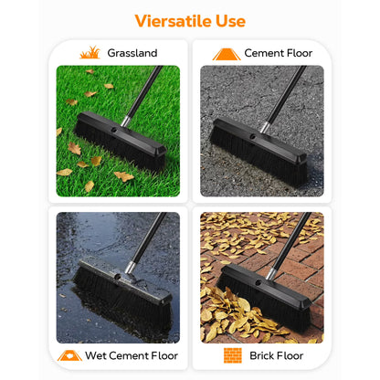 FVSA Push Broom 18" Heavy Duty with 60" Long Handle for Garage, Driveway, Deck, Concrete, Patio, Shop, Black