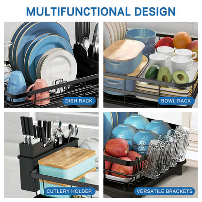 Riousery Dish Rack Dish Drainers for Kitchen Counter, Dish Drying Rack Drain Board Set with Utensil Holder, Cup Holder, Kitchen Dishes Storage and Organizers