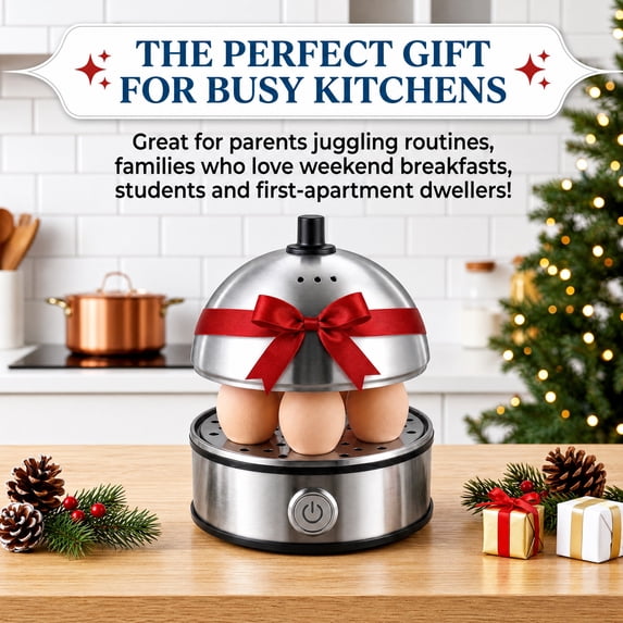 CASUALIFE Electric Egg Cooker, 7-Egg Capacity Rapid Maker, Stainless Steel Boiler with Lid and Measuring Cup