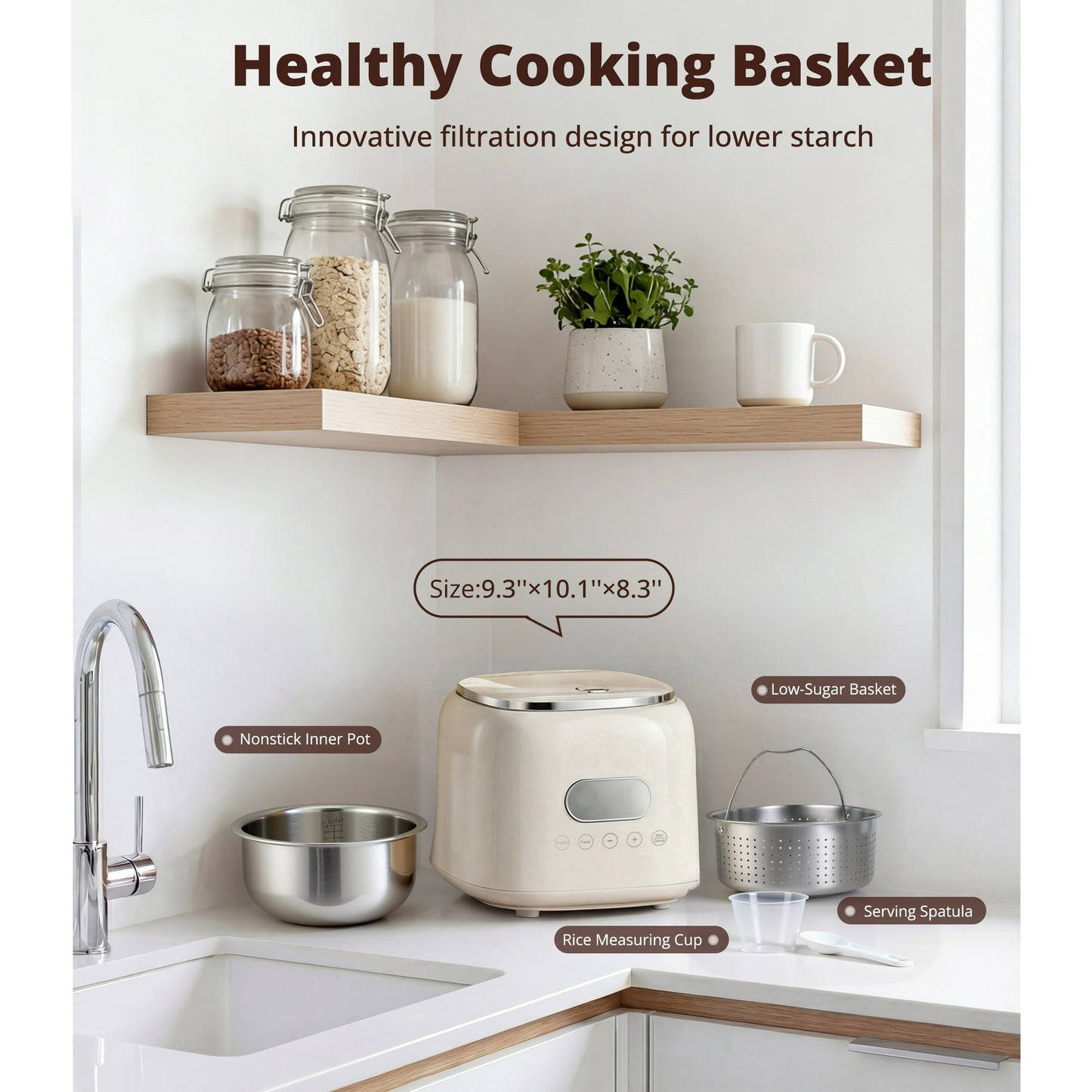 Casualife 3QT Rice Cooker with Starch-Reducing Steamer, 10-in-1 Multicooker with No-Coating Inner Pot and 24-Hour Timer, White