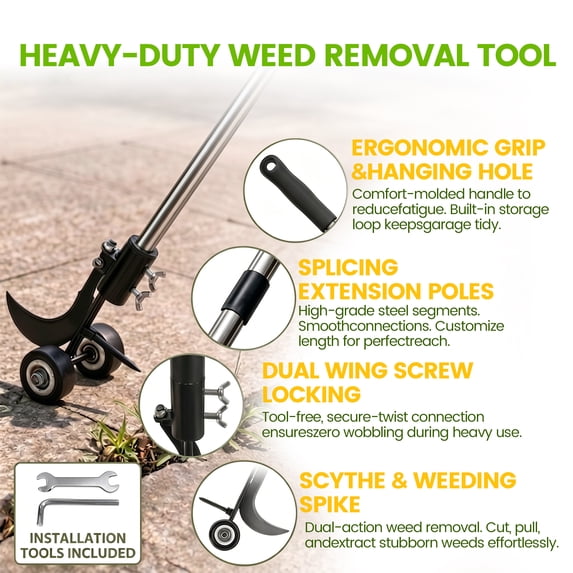 OHHANI 47.2 in Crack Weeder with Wheels, Stainless Steel Manual Crevice Weeding Tool for Patio Paver Deck Driveway Garden