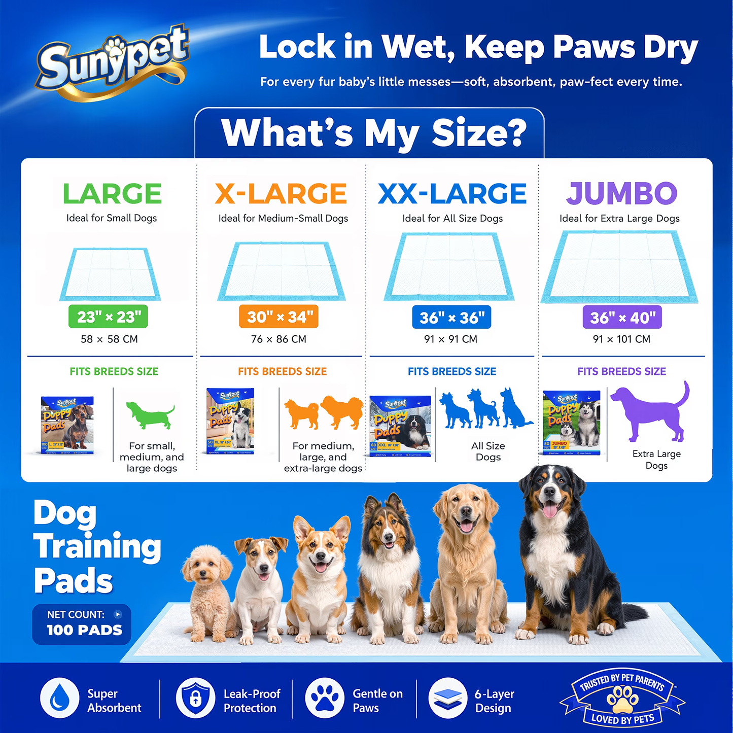 Sunypet Puppy Pads Disposable Dog Potty Training Pads, Quick Dry, Ultra Absorbent, L 23"x23", 100ct