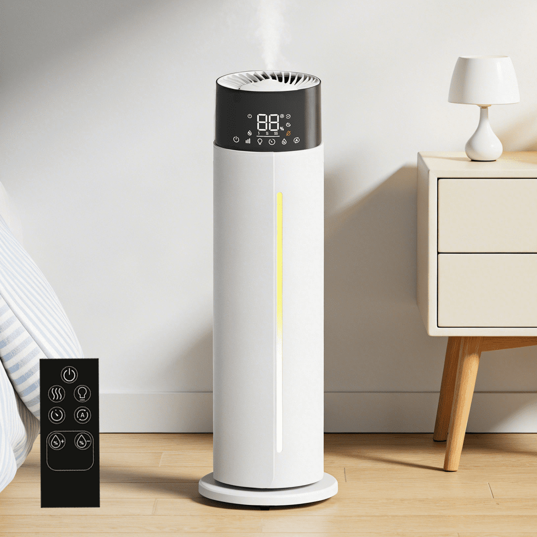 Reelexia 11L Top Fill Tower Humidifiers for Large Room, Cool Mist Floor Humidifier with Wheels, Humidistat, Remote, 1-24H Timer, Night Light, Aroma Tray, White