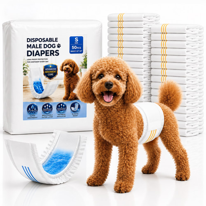 Sunypet Disposable Male Dog Wraps with Stretchy Waistband, Small, 50 Count – Leak-Resistant & Absorbent for Training, Travel, Excitable Urination