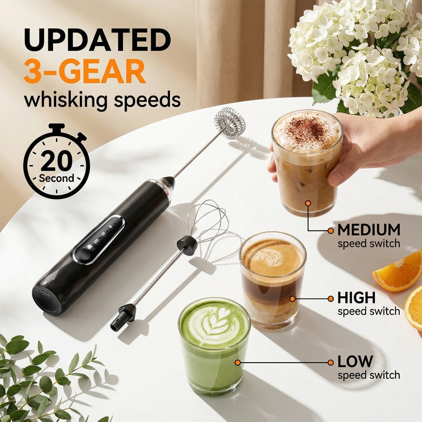 M Buder Milk Frother, Handheld Foam Maker and Electric Egg Whisk, 3 Speed Rechargeable Coffee Frother Wand with 2 Detachable Whisks, Black