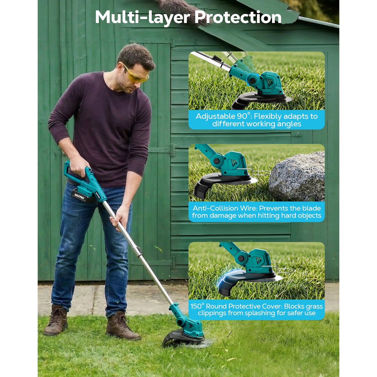 HOTREE 21V Cordless String Trimmer and Edger with 2.0Ah Battery and Charger, Foldable 3-in-1 Weed Wacker and Brush Cutter with Digital Display, Blue