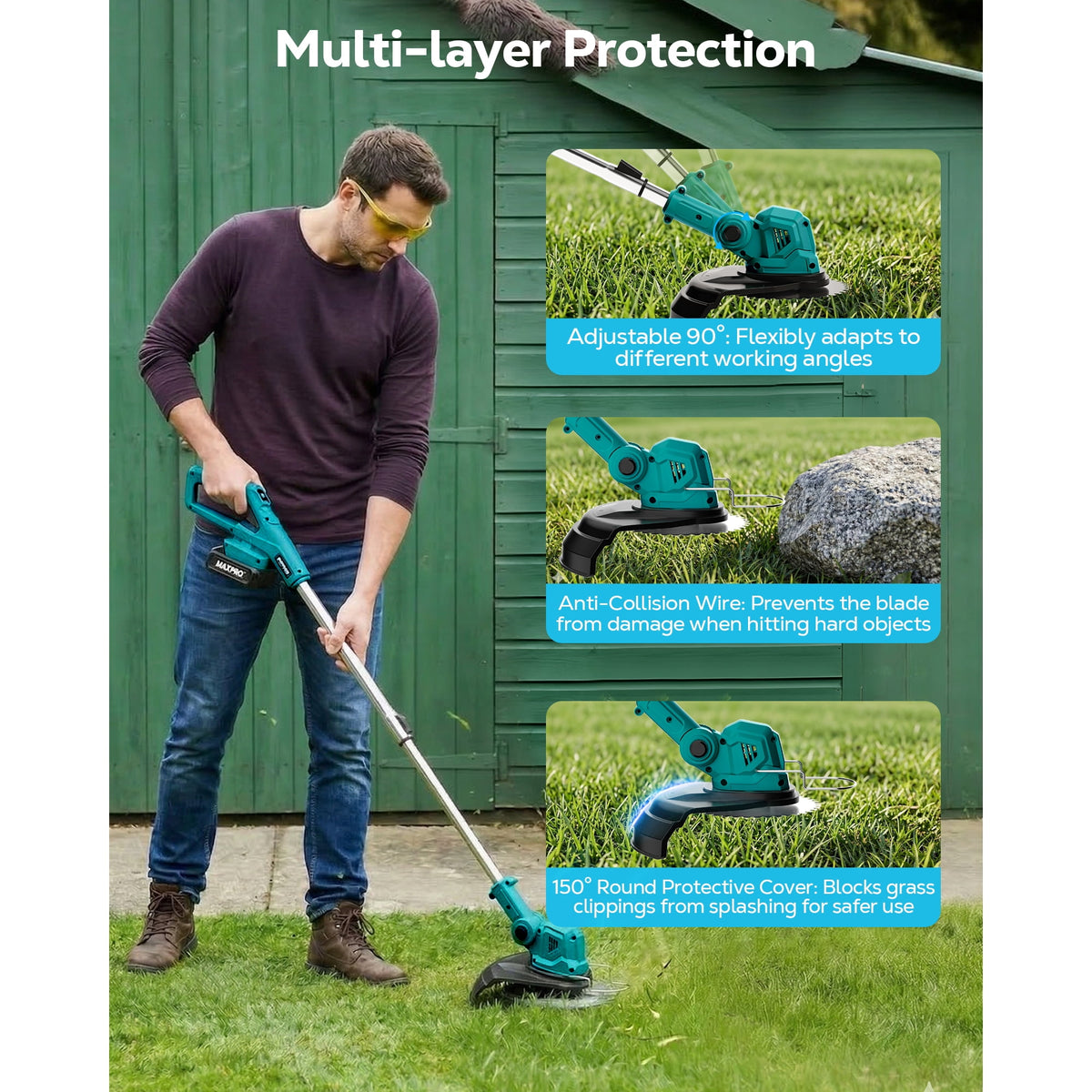 HOTREE 21V Cordless String Trimmer and Edger with 2.0Ah Battery and Charger, Foldable 3-in-1 Weed Wacker and Brush Cutter with Digital Display, Blue