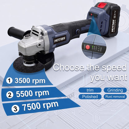 HOTREE 21V Cordless Brushless Angle Grinder Kit, 4-1/2 Inch, with 2 Batteries, Fast Charger, Cutting/Grinding/Polishing Accessories and Hard Case for Metal & Wood