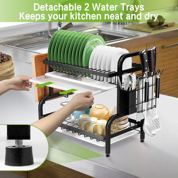 Riousery 2-Tier Dish Rack for Kitchen, Dish Drying Rack with Drain Board Tray, Compact Dishing Rack with Utensil Holder, Cutting Board Holder, Kitchen Dishes Storage and Organizers