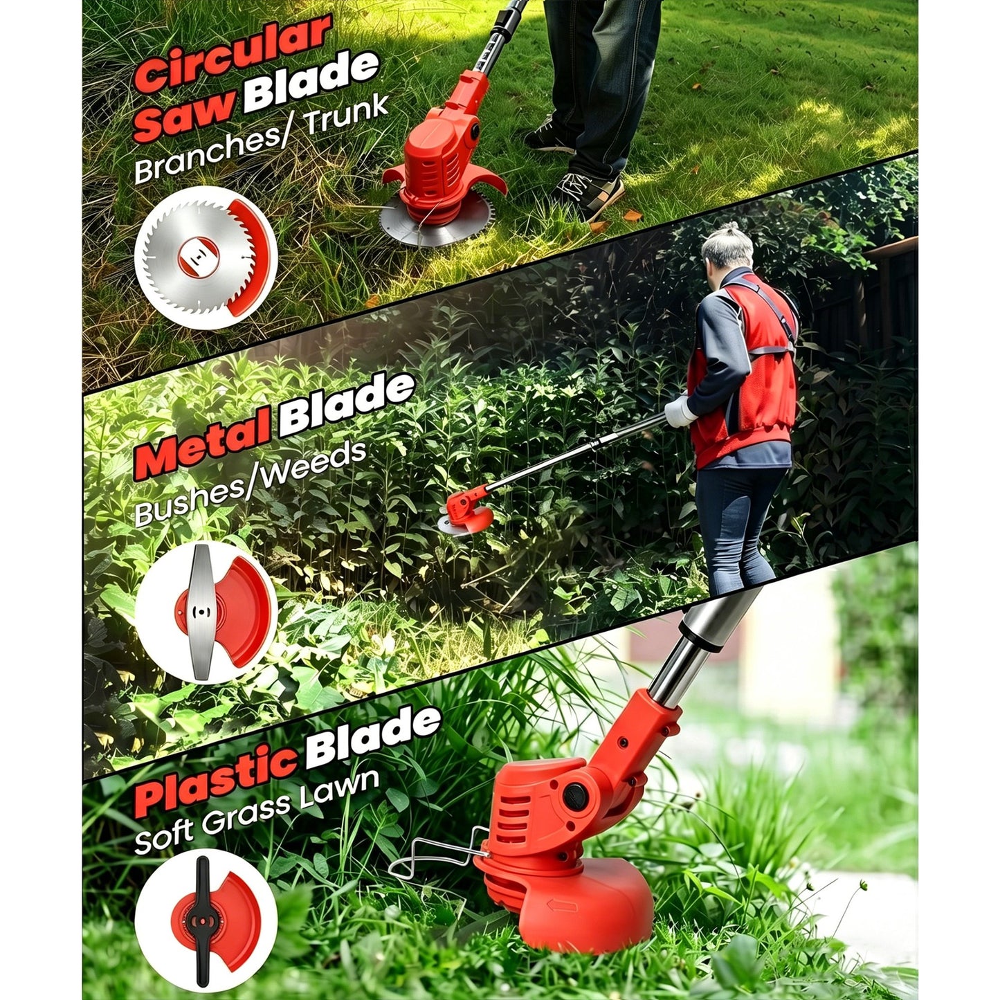 HOTREE 12-Inch 21V Cordless Weed Wacker & String Trimmer, 3-in-1 Lightweight Brush Cutter with 2 Batteries (2.0Ah), Red