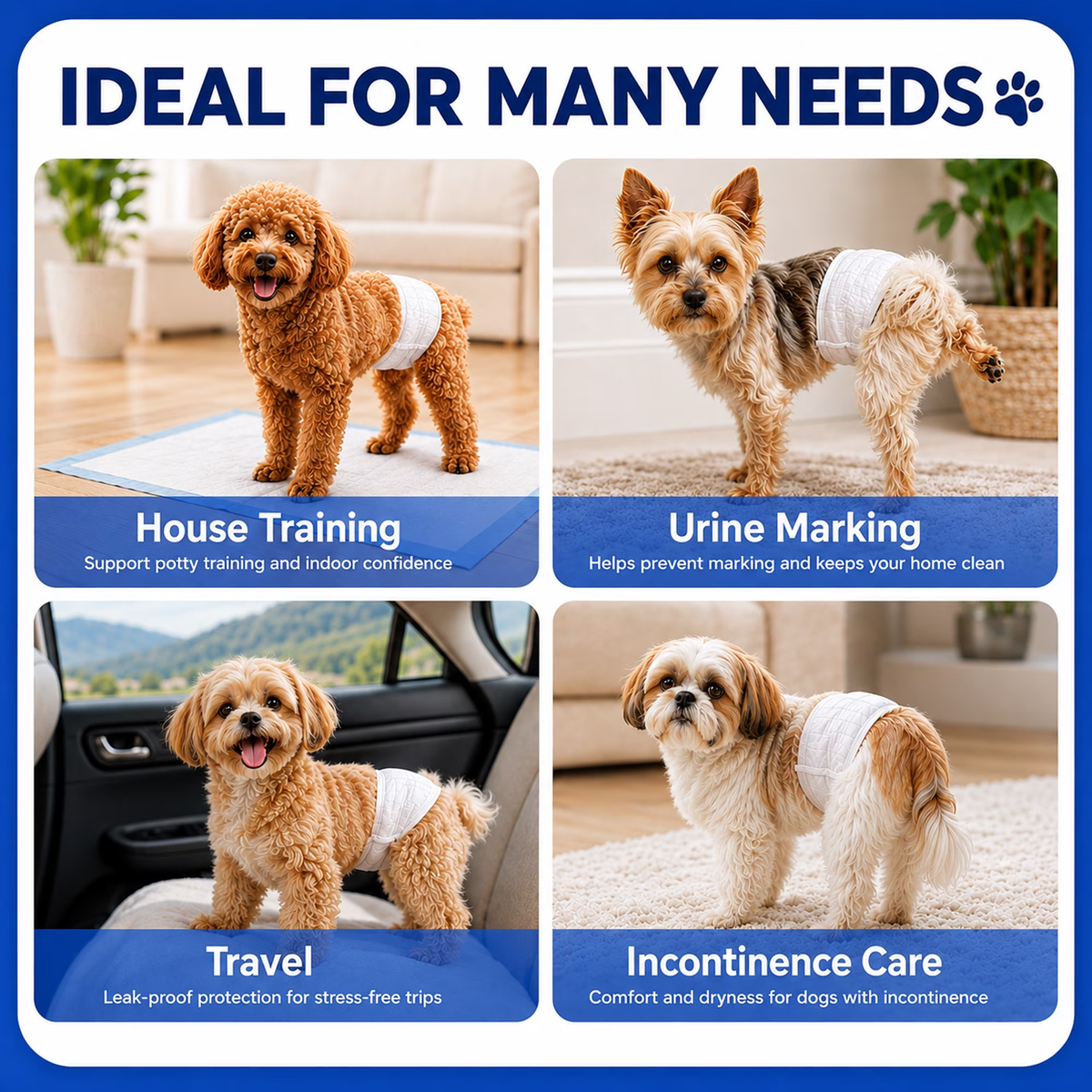 Sunypet Disposable Male Dog Wraps with Stretchy Waistband, Small, 50 Count – Leak-Resistant & Absorbent for Training, Travel, Excitable Urination