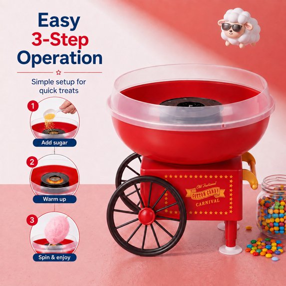 Suodoka Retro Cotton Candy Maker, Vintage Cart Candy Floss Machine for Parties and Events, Includes Sticks and Scoop, Red