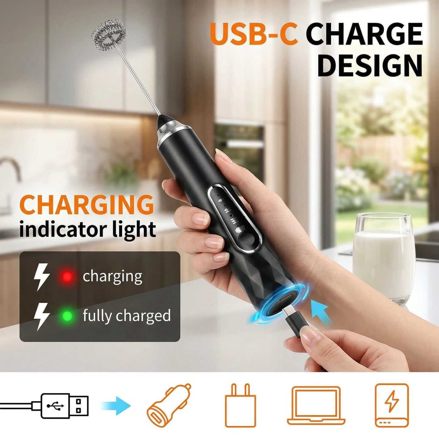 M Buder Milk Frother, Handheld Foam Maker and Electric Egg Whisk, 3 Speed Rechargeable Coffee Frother Wand with 2 Detachable Whisks, Black
