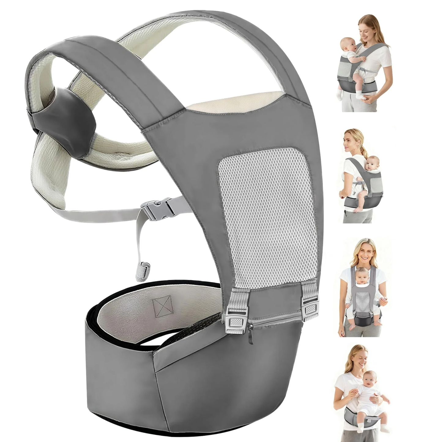 RUPOUN Baby Carrier with Hip Seat, Convertible 4-Position, Lightweight Cool Mesh, Unisex, Gray