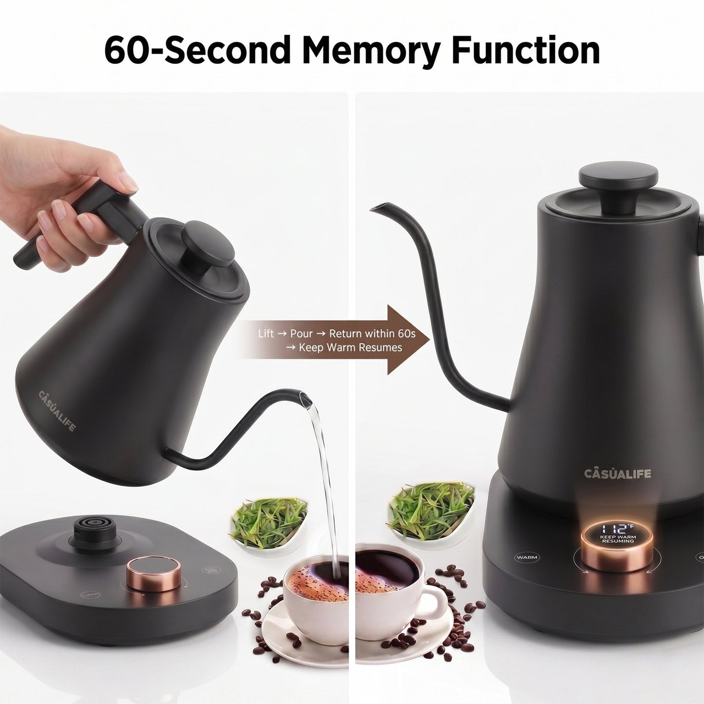 Casualife 0.8L Gooseneck Electric Kettle, Digital Temperature Control Electric Tea Kettle with Keep-Warm & 60s Memory, Safe Easy Clean for Home Office.