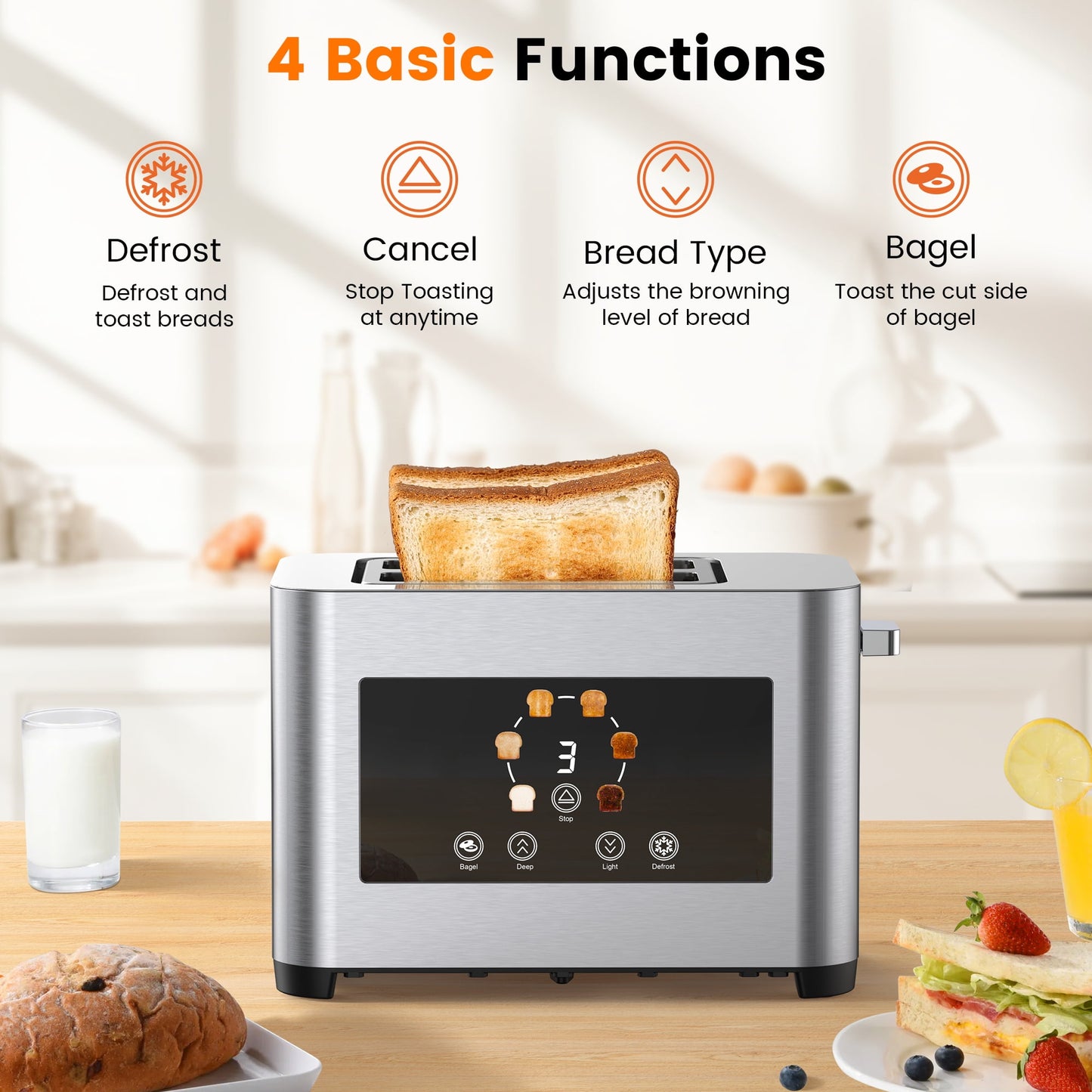 Suodoka Toaster 2 Slice Wide Slots Touchscreen 6 Shade Settings, Stainless Steel Bread Toaster with Reheat, Cancel, Defrost,New