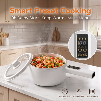 Suodoka Electric Hot Pot, Smart Non-Stick Ceramic Cooking Pot with Long Handle, 5 Modes, LED Touch Screen and 9.5H Timer, White