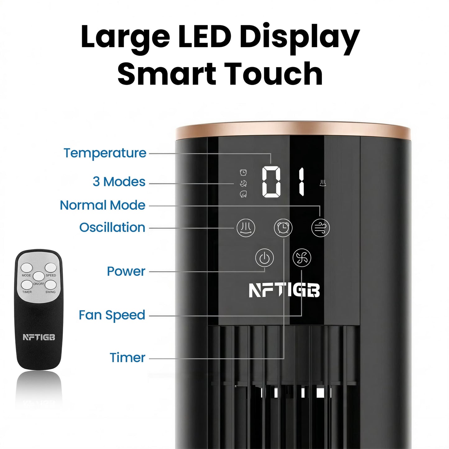NFTIGB 36'' Tower Fan with Remote, 70° Oscillating Bladeless Floor Fan for Bedroom, 3 Modes, 12H Timer, Digital Display, Black
