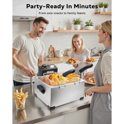 Casualife Deep Fryer with Dual Baskets, 6QT Electric Fryer with Adjustable Temp & Timer, Nonstick Tank for Chicken & Fries