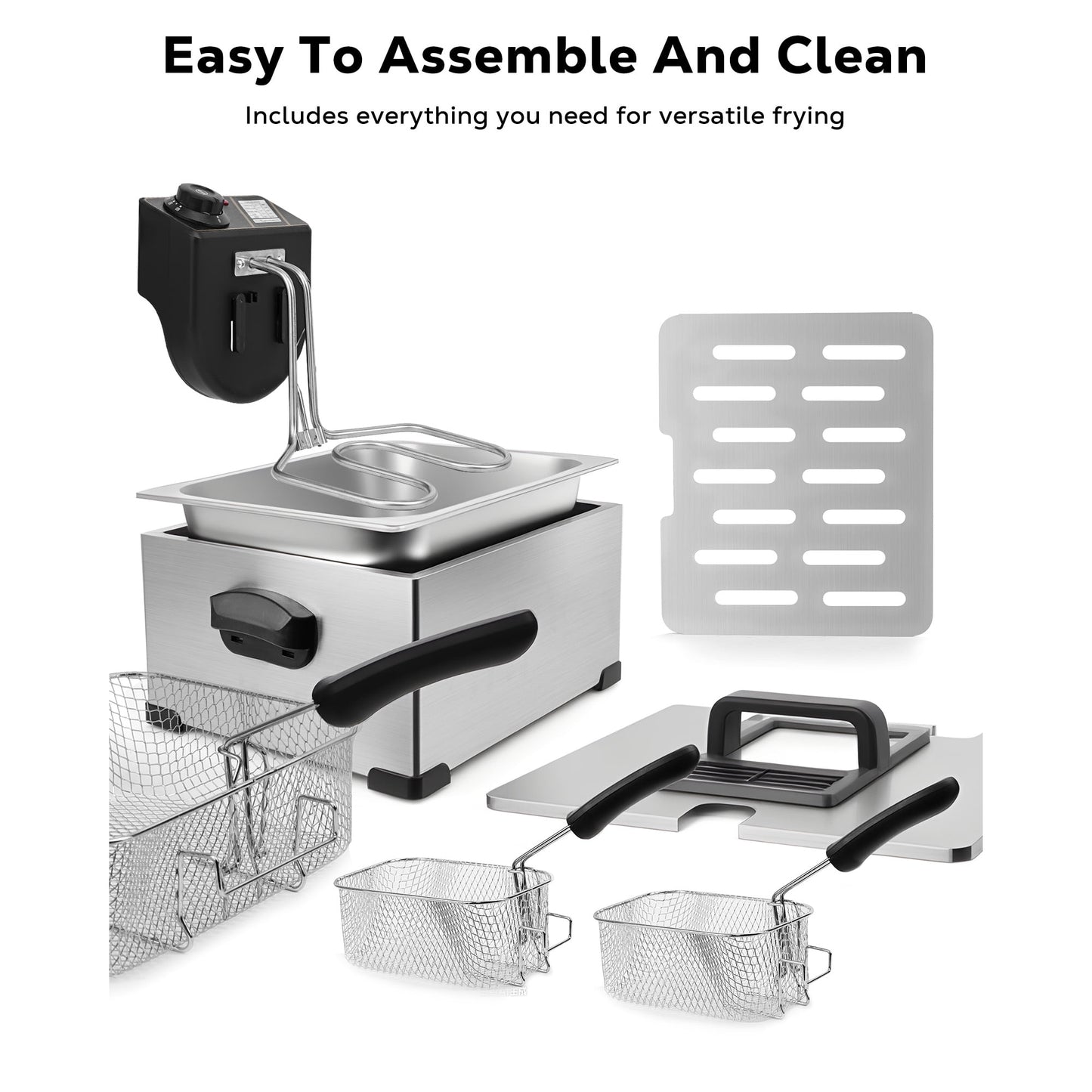 Casualife Deep Fryer with Dual Baskets, 6QT Electric Fryer with Adjustable Temp & Timer, Nonstick Tank for Chicken & Fries