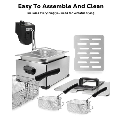Casualife Deep Fryer with Dual Baskets, 6QT Electric Fryer with Adjustable Temp & Timer, Nonstick Tank for Chicken & Fries