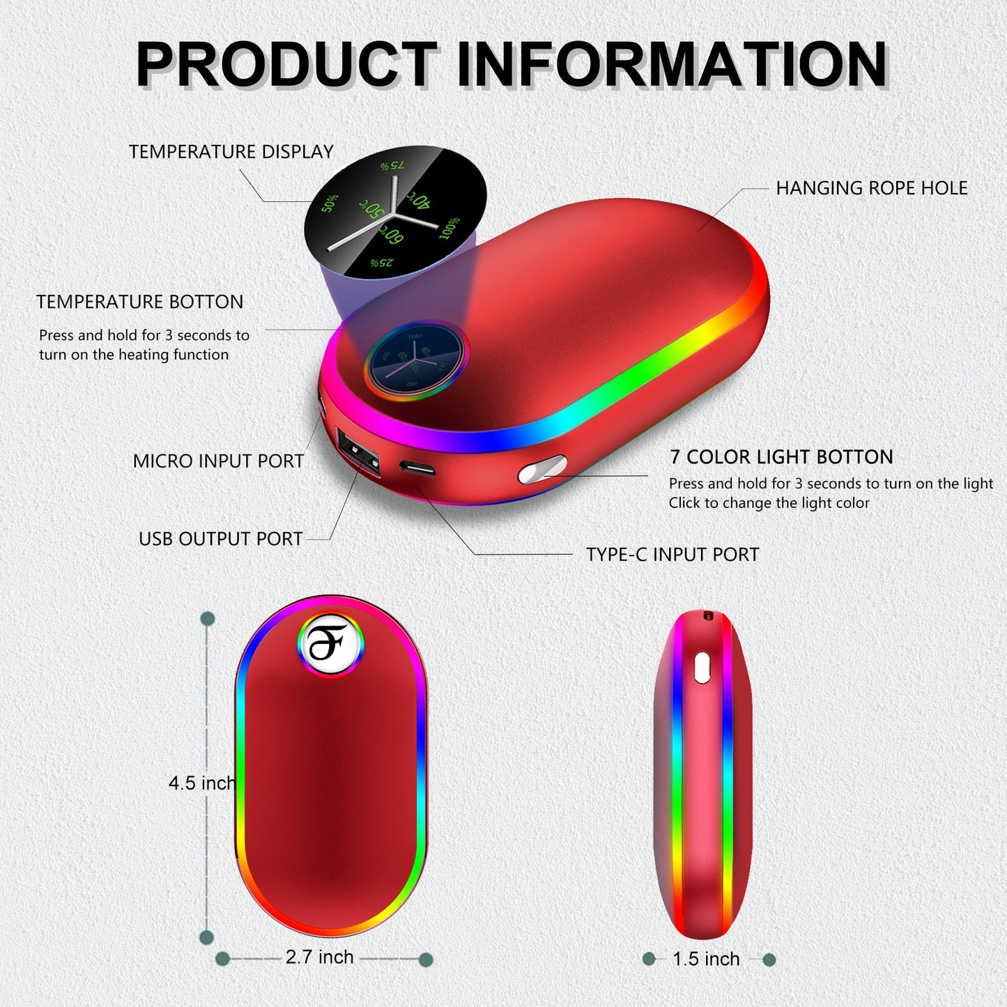 Madala Hand Warmers, 10000Mah Hand Warmers Rechargeable, 7 Changing Colors Lights Electric Hand Warmers, Reusable Hand Warmer for Outdoors, Hunting, Golf, Camping, Red