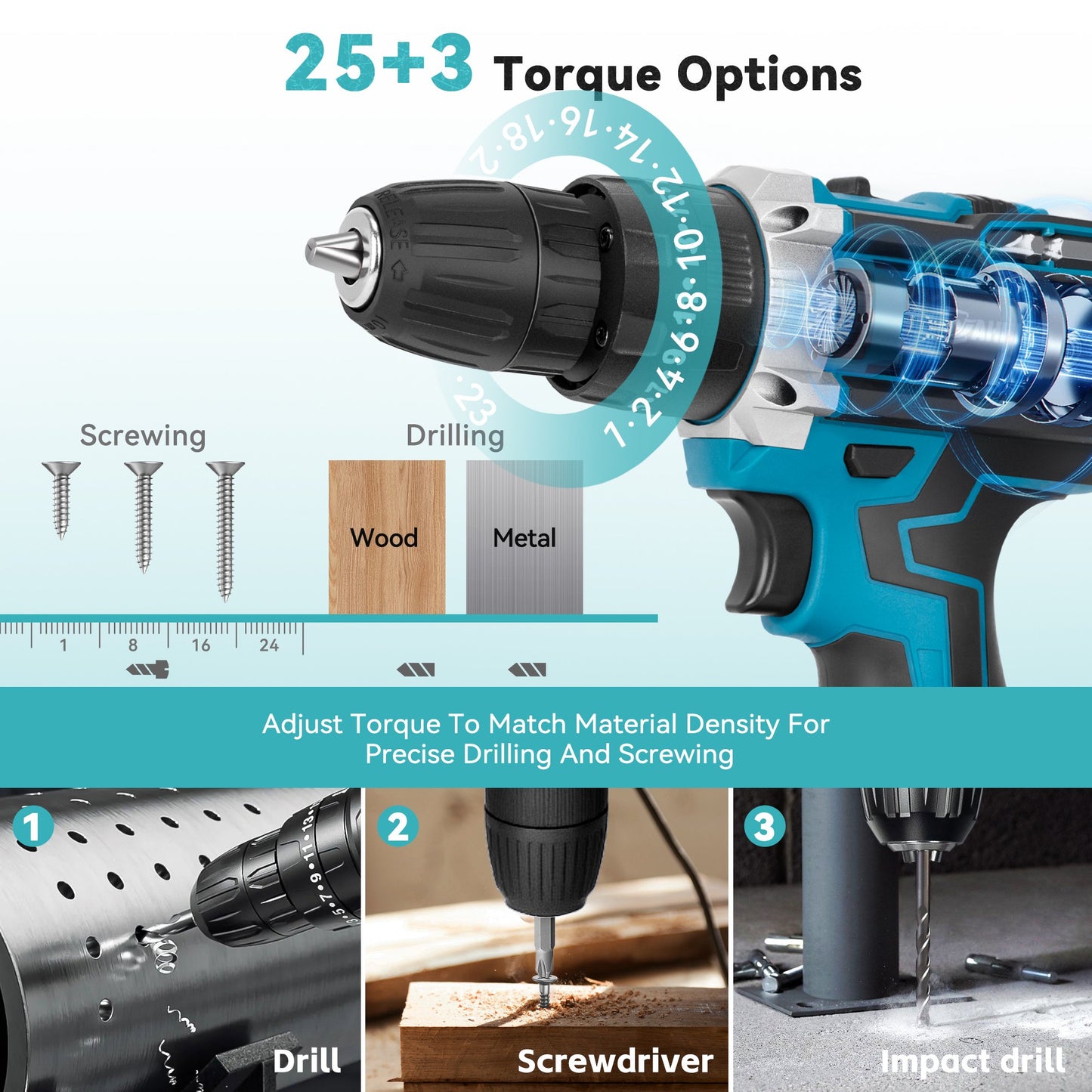 YAHHU 21V Cordless Drill Kit, 3/8" Keyless Chuck, Dual Speed Adjustable, 25+3 Torque Settings, Extensive Driver Accessories