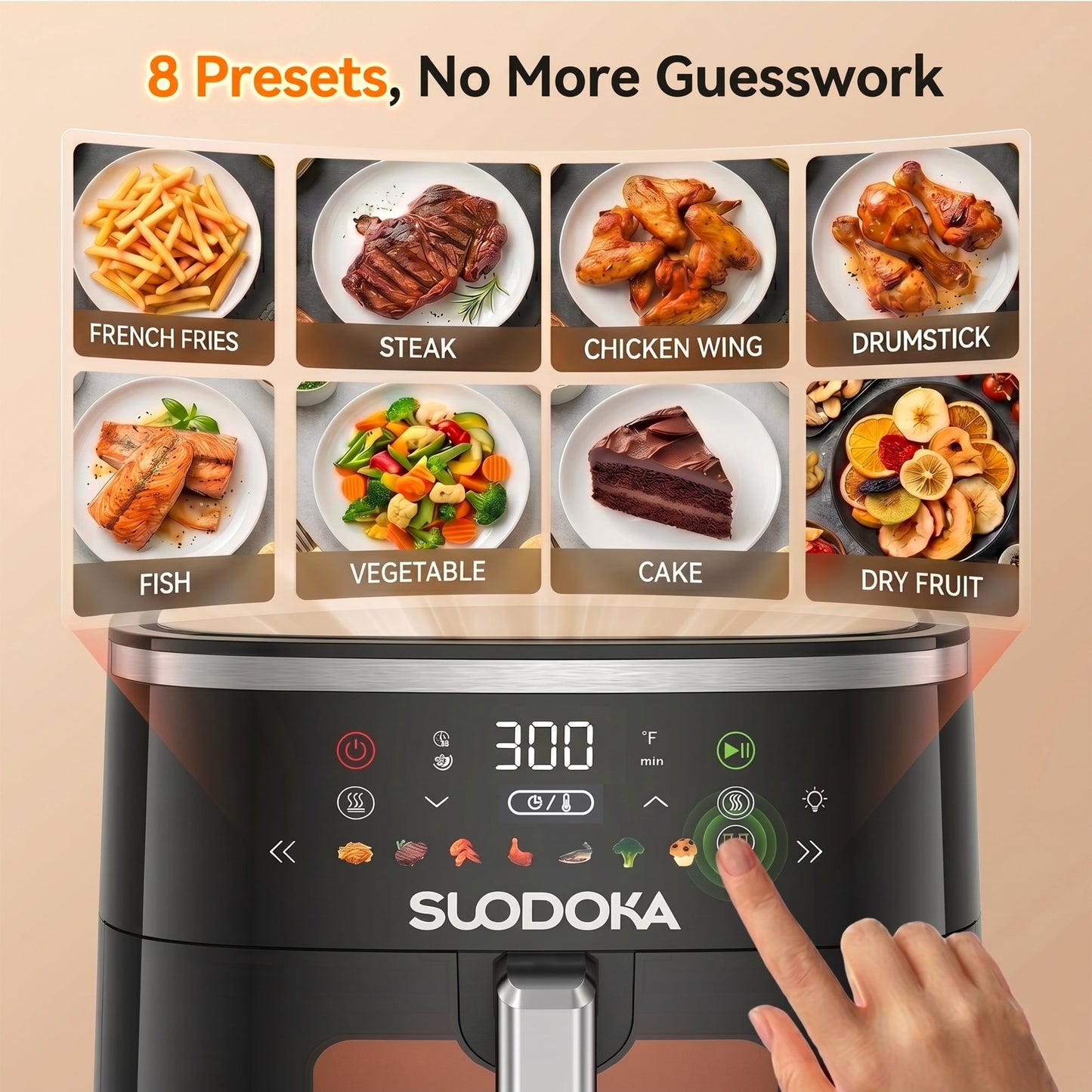 Suodoka 8-in-1 Air Fryer 7QT, 400°F Max, Viewing Window, Preheat & Keep Warm, Shake Reminder, Nonstick Basket