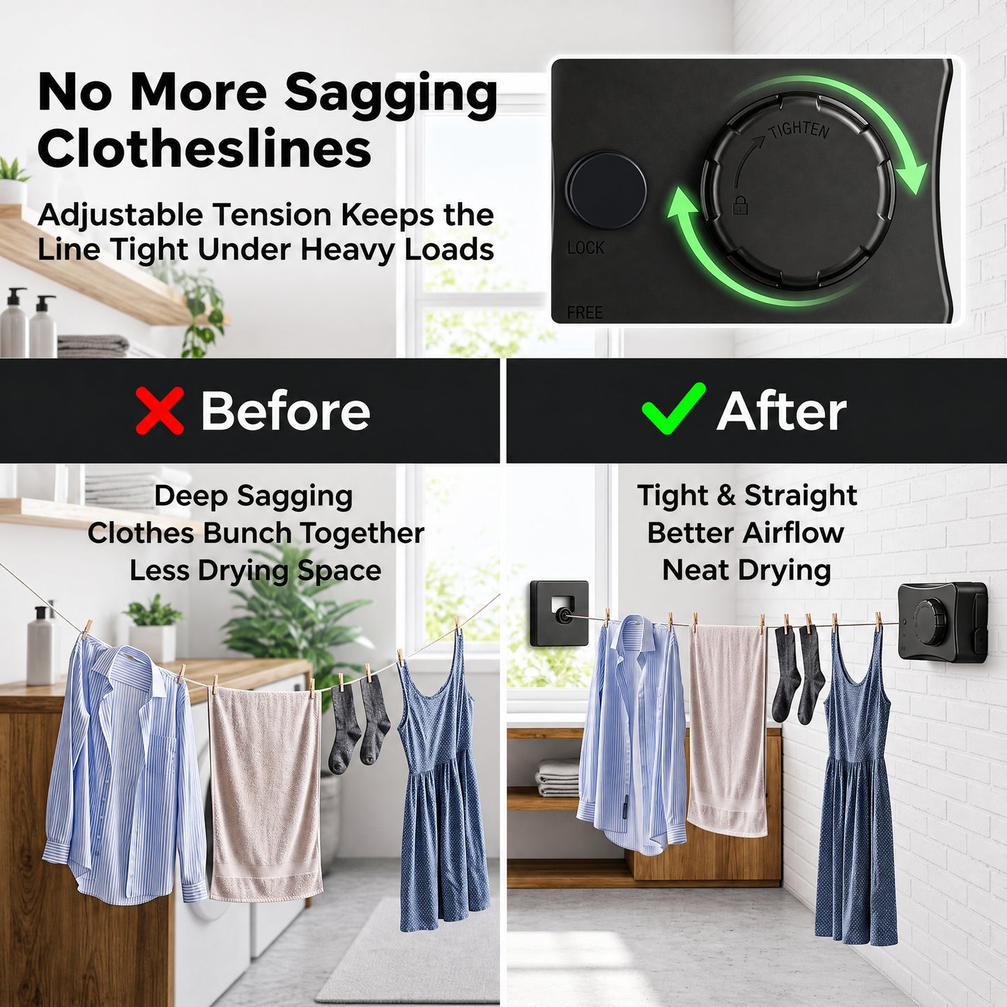 Riousery Heavy Duty Retractable Clothesline, 16.7 FT Anti-Sag Steel Wire Clothes Line, 44 LBS Capacity, Indoor Outdoor Laundry Drying Line with No-Drill & Drill Installation, Black
