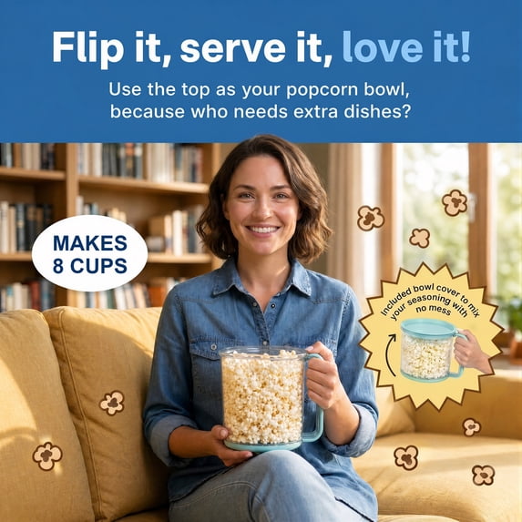 Casualife Hot Air Popcorn Maker, 1200W Oil-Free Popper with Dual-Purpose Serving Bowl, Compact Nesting Storage, Light Blue