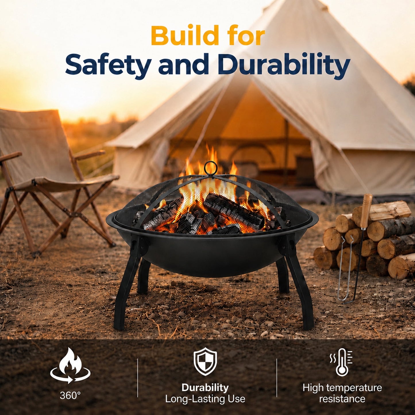 OHHANI Portable Outdoor Fire Pit, Heavy Duty Steel Wood Burning Fireplace with Spark Screen, Grill Grate & Poker, Black