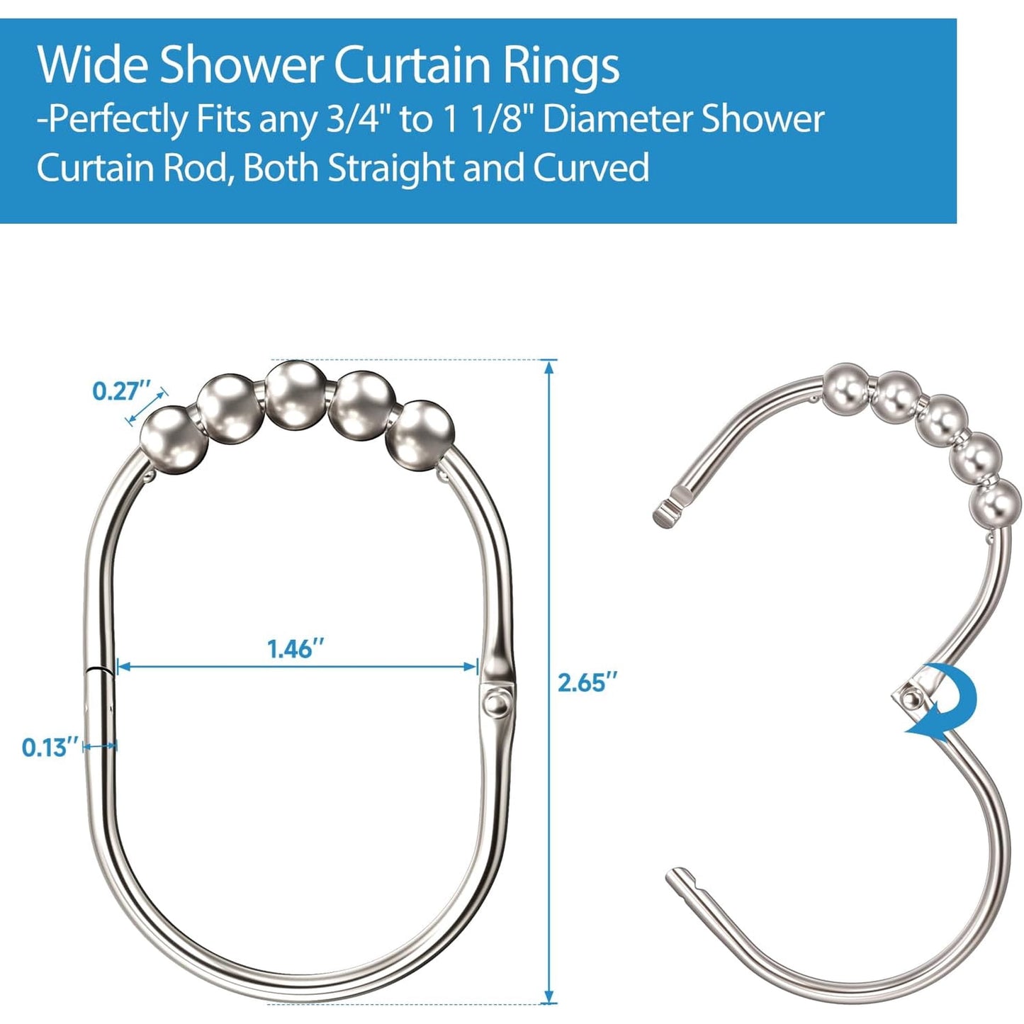 WEENEED 12-Pack Shower Curtain Rings, Rust-Resistant Metal Shower Hooks with 360° Swivel Roller Balls, Easy-Slide Bath Hooks for Fabric Liners, Chrome
