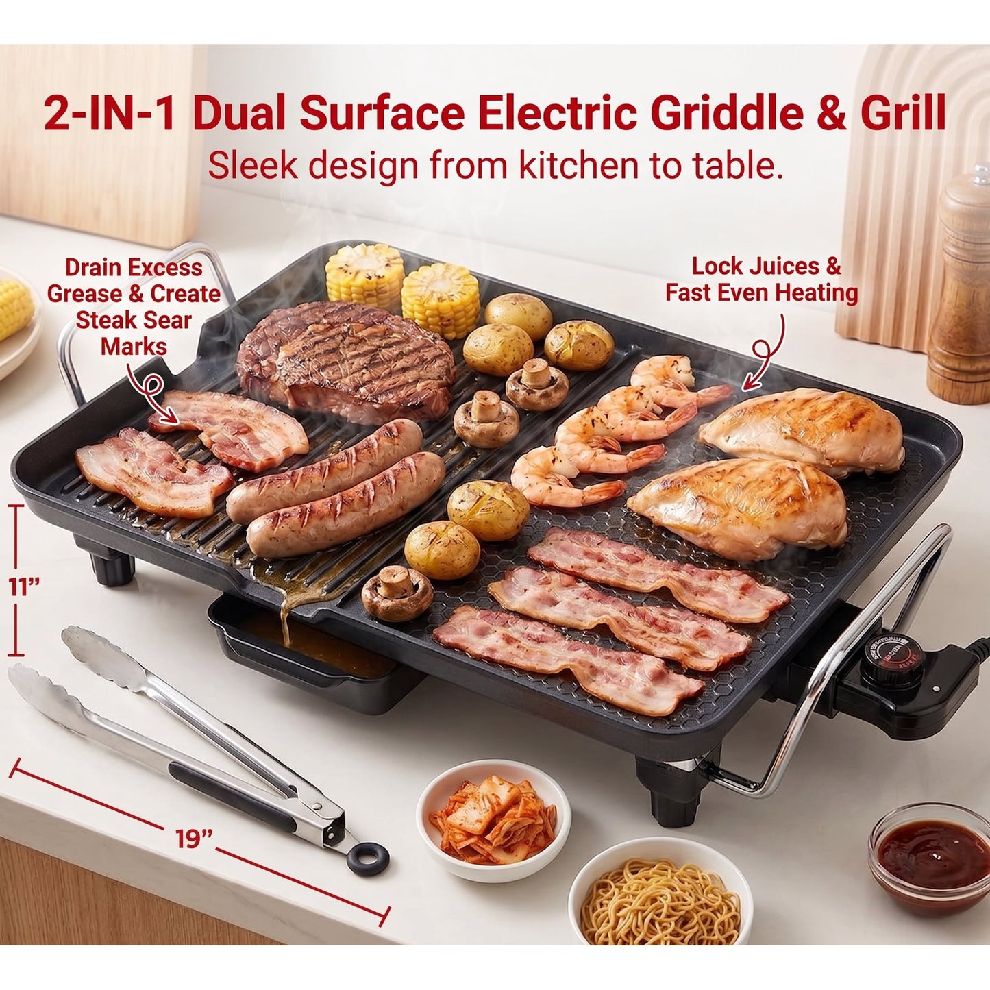 CASUALIFE 2-in-1 Electric Griddle & Indoor Grill, Non-Stick Large Cooking Surface with 5 Adjustable Temperature Controls for Pancakes, BBQ and Burgers, Black