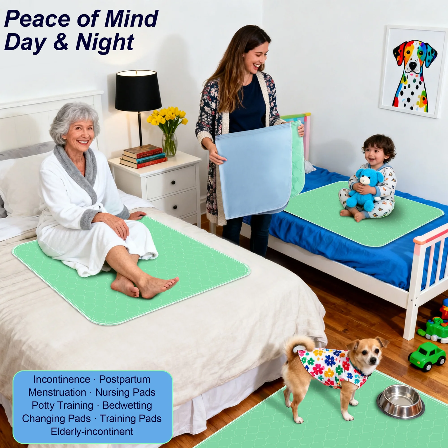 BOKYAN Washable Bed Pads 4 Pack 34"x36", Reusable Incontinence Underpads with Extra Heavy Absorbency for Diaper Changing, Pee Pads, Puppy Pads, Waterproof Sofa and Floor Protector, Green and Blue