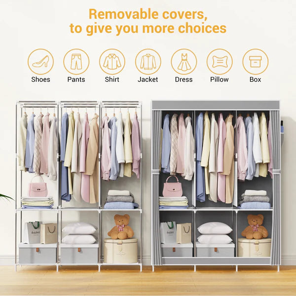 Riousery Portable Closet, 51 Inch Wardrobe Closet for Hanging Clothes 6 Storage Organizer Shelves, Grey
