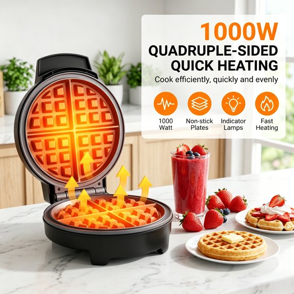 Casualife 1000W Round Waffle Maker with Non-Stick Plates, Dual Indicator Lights and Cool-Touch Handle, Fast Heating Belgian Waffle Iron for Home Kitchen