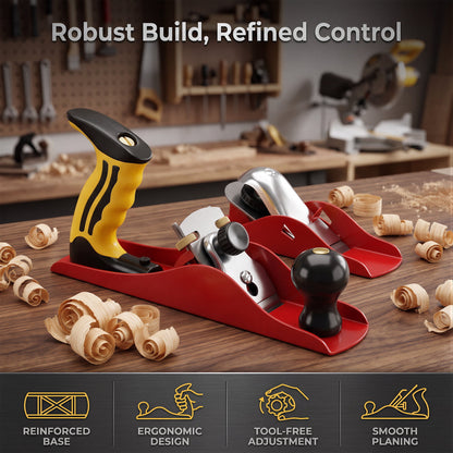 OHHANI Adjustable Metal Wood Hand Plane with Carbon Steel Blade, Professional Planer for Woodworking and DIY, Red
