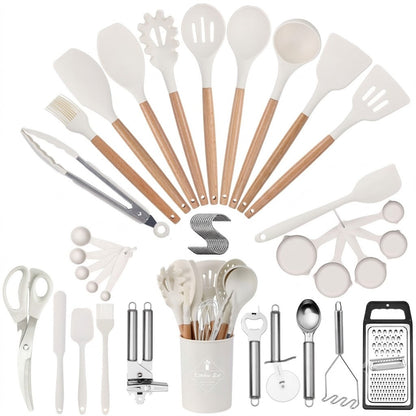 M Buder 42 PCS Silicone Cooking Utensil Sets, Kitchen Utensils Set for Nonstick Cookware, 446°F Heat Resistant Spatula Set, BPA Free Kitchen Gadgets Tools with Holder, Beige