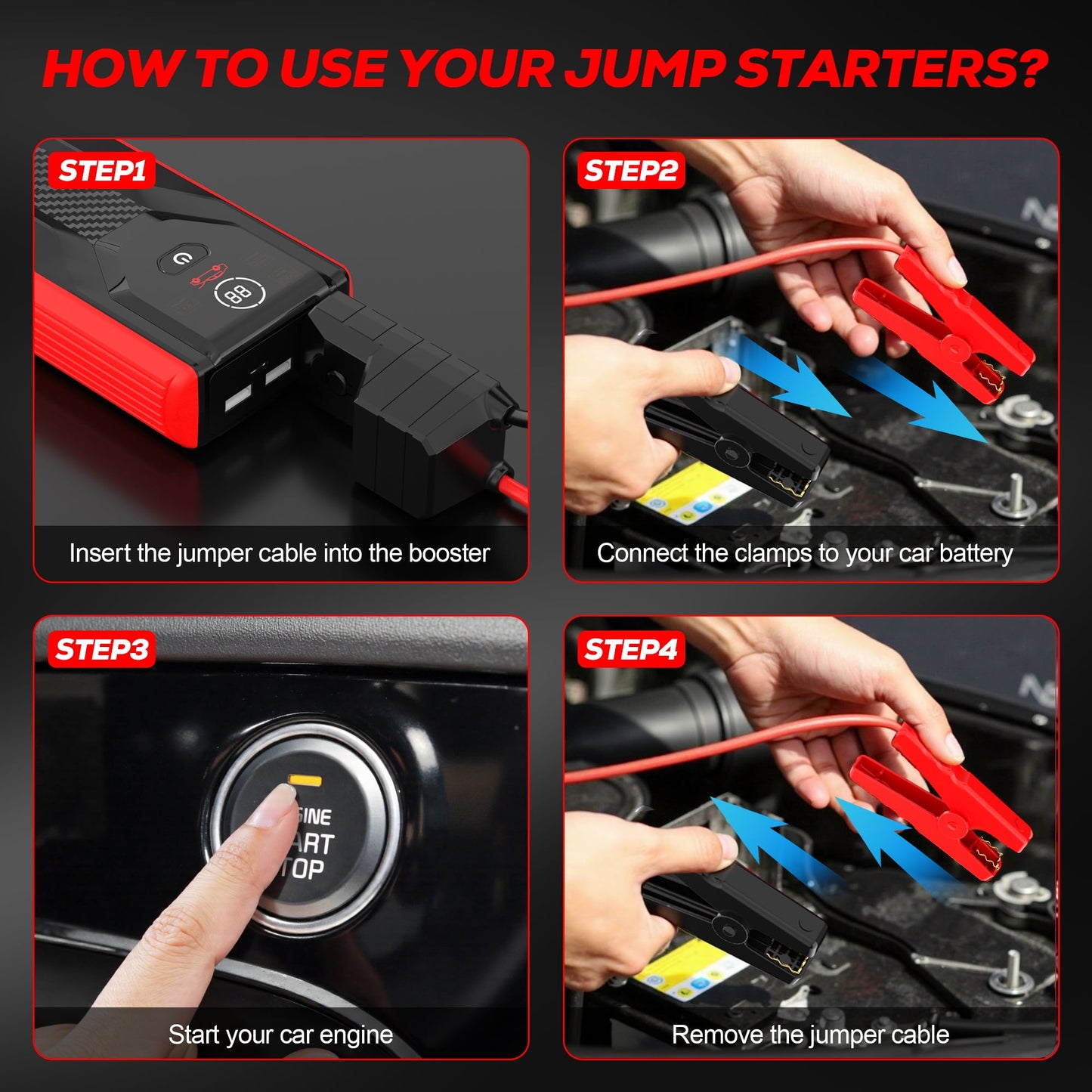 Floray 28000mAh Car Jump Starter – 12V Jump Pack for Gas & Diesel Engines with LED Light and USB Fast Charging